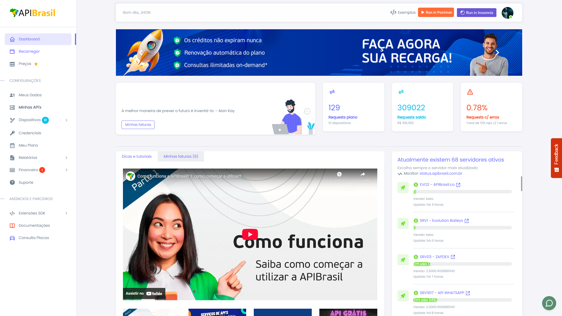Dashboard principal da APIBrasil